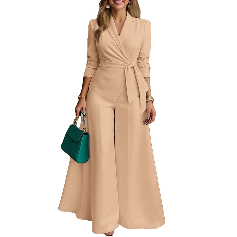 ZANZEA Women's Minimalist 2-Piece Pant Sets Elegant Long Sleeve Belted Blouse & Wide Leg Pant 2pcs Suits Office Work Co-ords