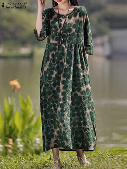 ZANZEA Bohemian Floral Printed Dress Autumn Long Sleeve O-Neck Maxi Robe Woman Casual Holiday Sundress Elegant Party Vestidos