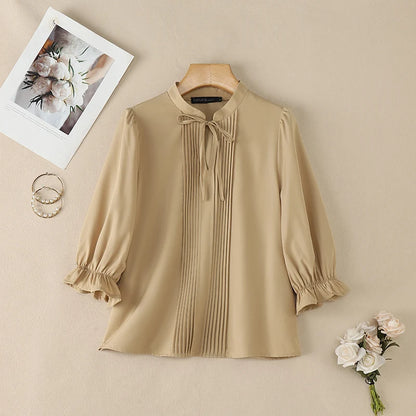 ZANZEA Women's Elegant 3/4 Puff Sleeve Blouses Summer Lace-Up Stand Collar Pintuck Tops Daily Casual Solid Color Blusas de Mujer