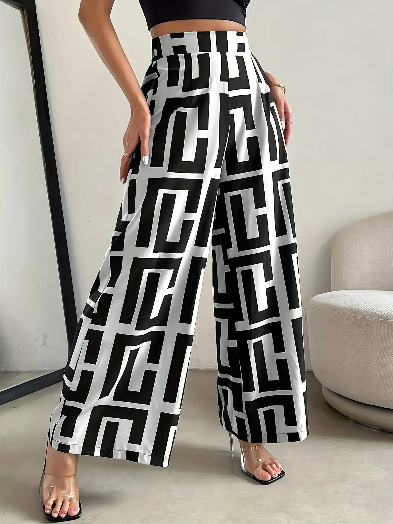 2026 Casual and Elegant Bohemian Style Wide Leg Elastic Waist Dual Color Checkered Printed Loose Pants Wide Leg Pants