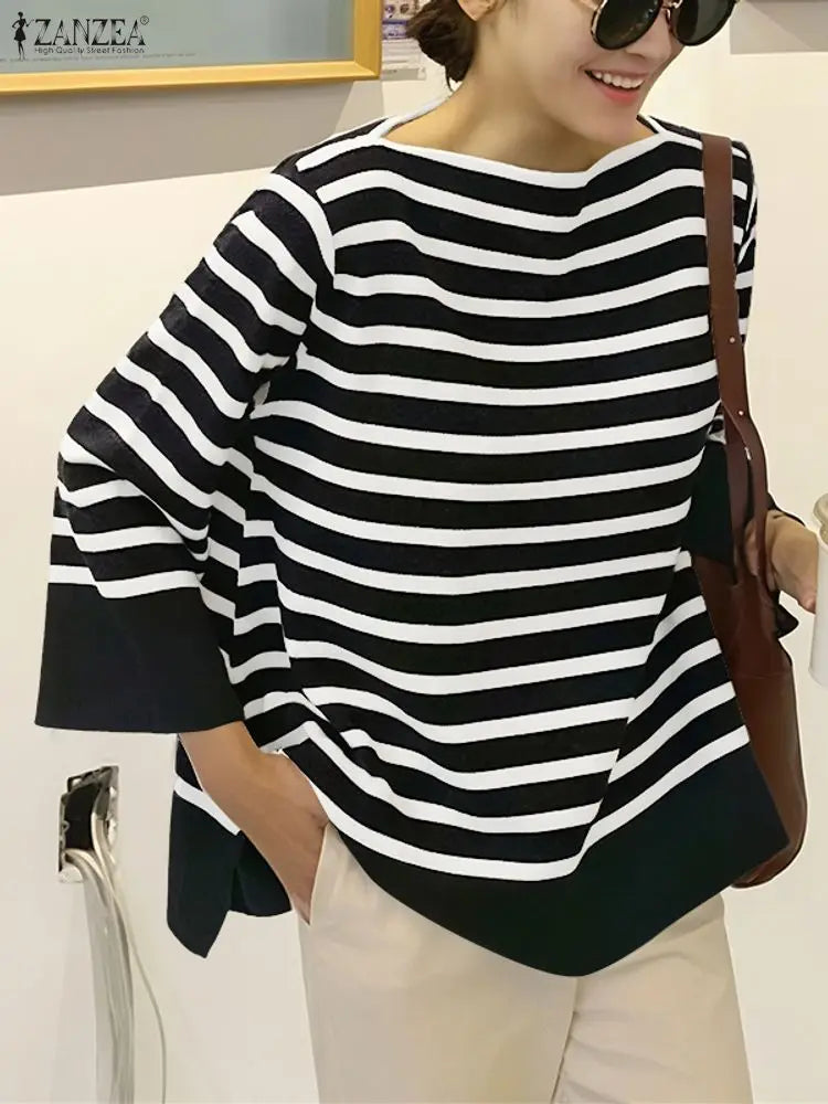 ZANZEA Fall 2025 Women's Striped T-Shirts Loose Boatneck 3/4 Sleeve Side Slit Tees Woman Everyday Casual Wear Streetwear S-3XL