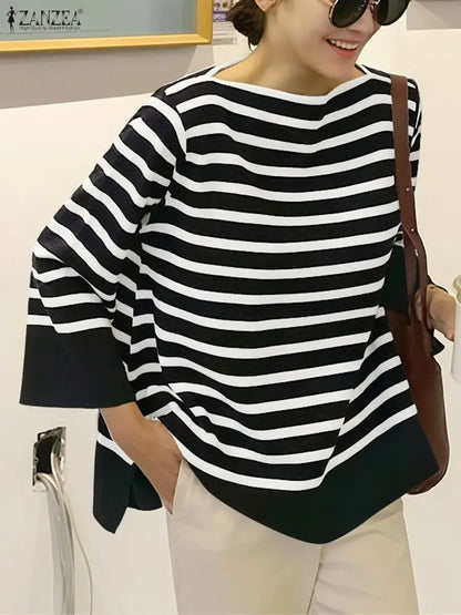 ZANZEA Fall 2025 Women's Striped T-Shirts Loose Boatneck 3/4 Sleeve Side Slit Tees Woman Everyday Casual Wear Streetwear S-3XL