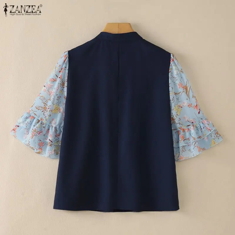 ZANZEA Women's Vintage Mandarin Collar Blouses Floral Chiffon Half Flare Sleeve Patchwork Tops Elegant Casual Blusas de Mujer