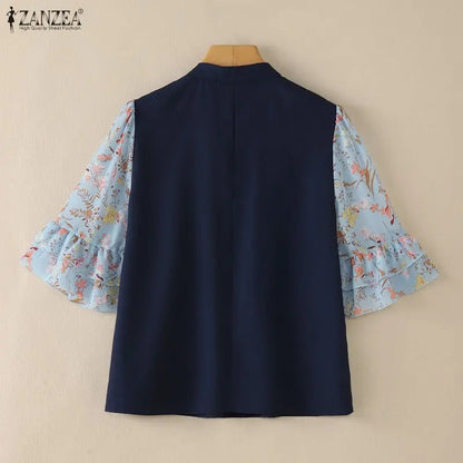 ZANZEA Women's Vintage Mandarin Collar Blouses Floral Chiffon Half Flare Sleeve Patchwork Tops Elegant Casual Blusas de Mujer