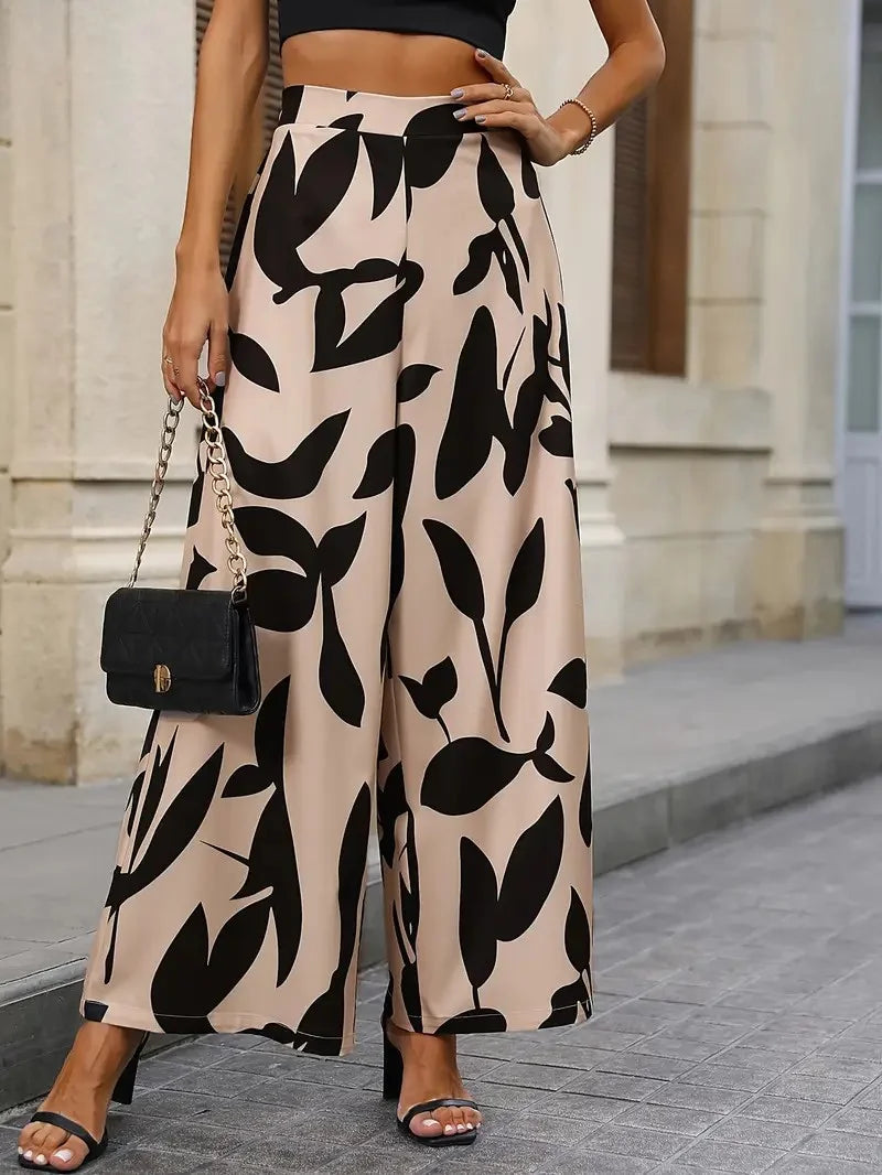 Women's Print Wide-Legged Casual Pants Loose Fit Fashionable Trousers