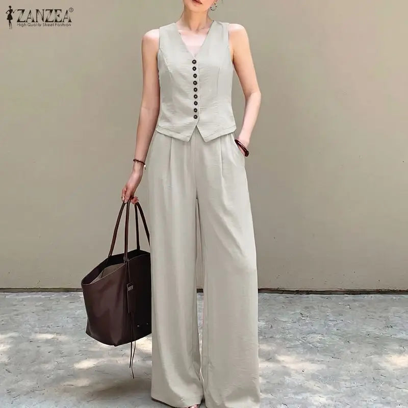 ZANZEA Women Elegant 2-Piece Matching Sets Sleeveless Vests & Wide Leg Pants 2pcs Pant Sets Summer Office Lady Work Suits Outfit