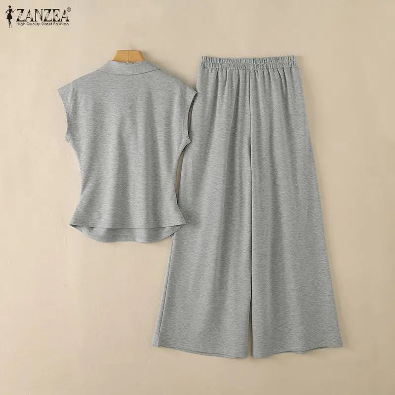 ZANZEA Women 2 Pieces Matching Sets Fashion Striped Tie Patchwork T-Shirt & Wide Leg Pant 2pcs Suits Casual Chic Tracksuits