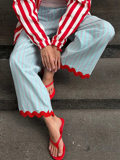 Loose Stripe Women'e Long Pants Summer Elastic Waist Contrast Ruffle Wide Leg Pant For Women 2026 Fashion Casual Lady Trousers