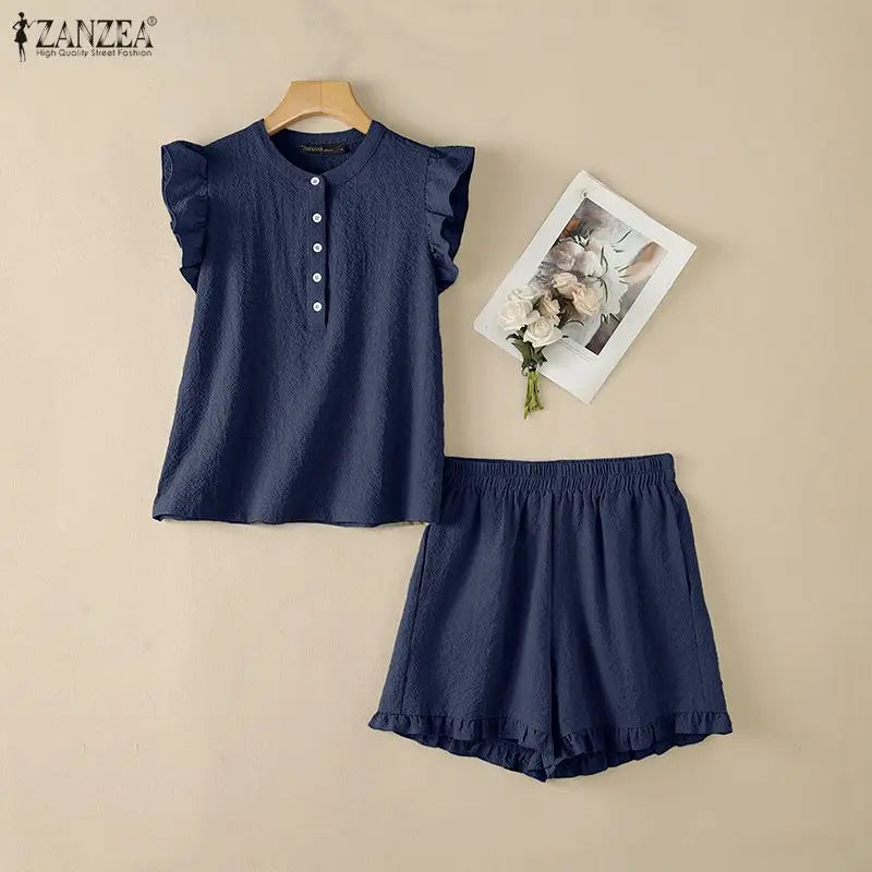 ZANZEA Women's Seersucker Grid Short Sets Ruffles Sleeves Tops & Elastic Waist Shorts 2-Piece Sets Summer Casual Daily Co-ords