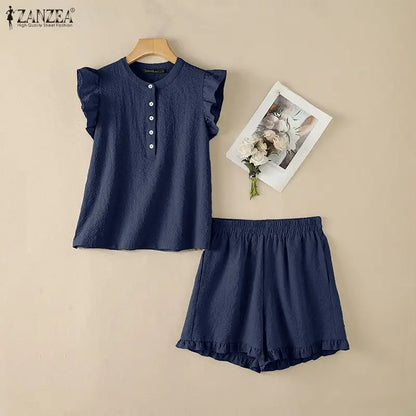 ZANZEA Women's Seersucker Grid Short Sets Ruffles Sleeves Tops & Elastic Waist Shorts 2-Piece Sets Summer Casual Daily Co-ords