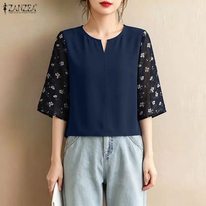 ZANZEA Women's Elegant Floral Chiffon Patchwork Blouses V-Neck 3/4 Sleeve Loose Tops 2026 Summer Daily Casual Blusas de Mujer