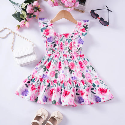 Summer Kids Girls Sweet Floral Dress with Ruffled Sleeves Smocked Waist Perfect Children Dresses Western Style Baby Clothes