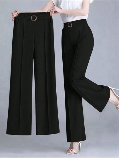 Women's Elegant Solid Color Toothpick Striped Design Straight Leg Loose Casual Commuter Pants Palazzo Trousers