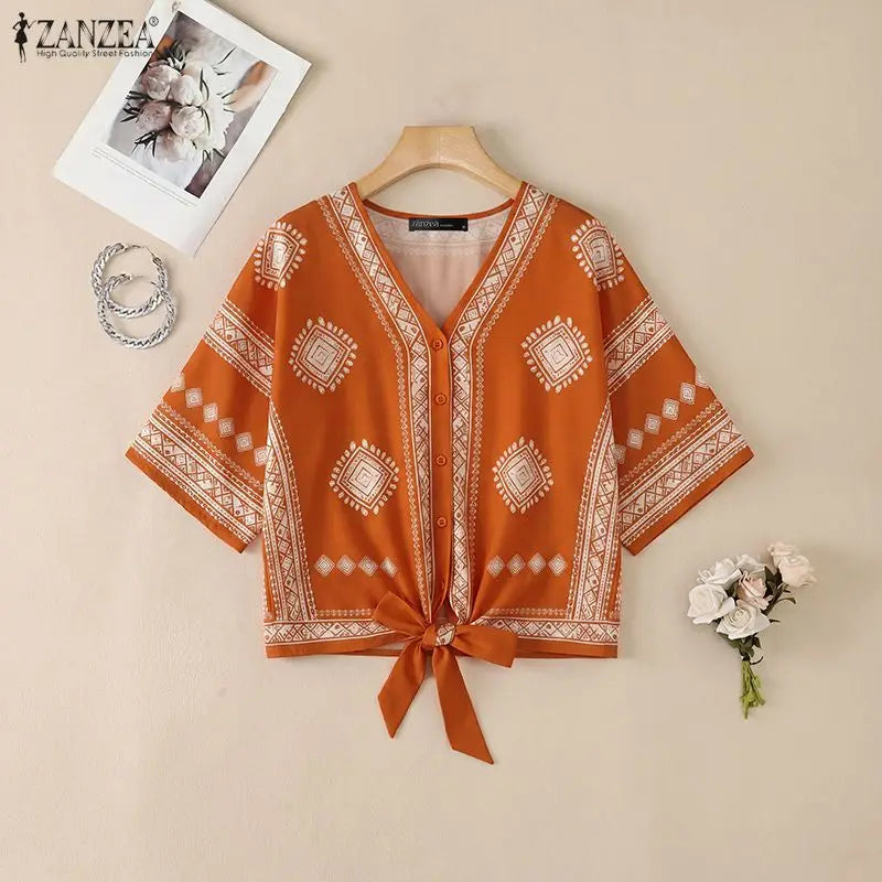 ZANZEA Women Ethnic Style Printing Blouses Casual V-Neck Half Bell Sleeves Button Up Tied-Hem Shirts Summer Loose Vacation Tops