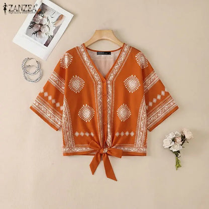 ZANZEA Women Ethnic Style Printing Blouses Casual V-Neck Half Bell Sleeves Button Up Tied-Hem Shirts Summer Loose Vacation Tops