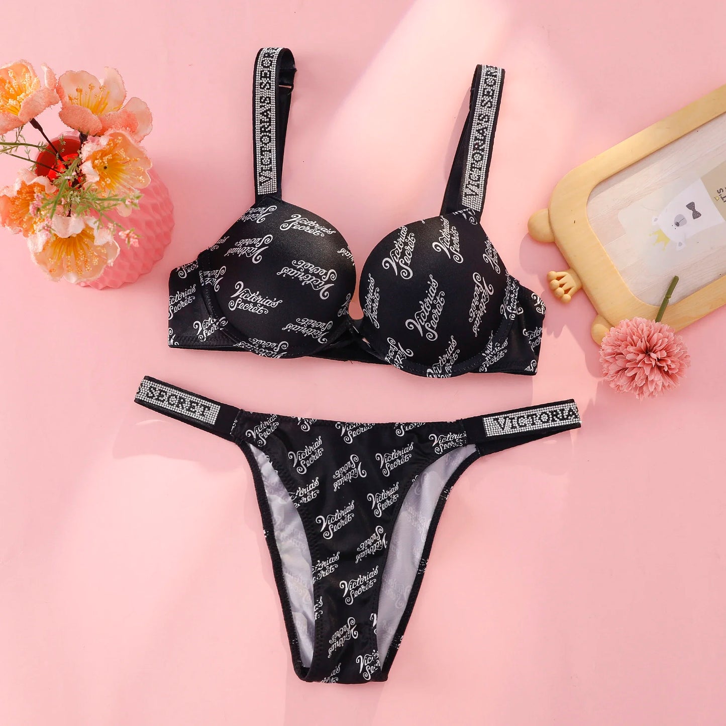 Victoria's Secret Push Up Bra And Panties Set For Women Rhinestone Logo Shoulder Straps Lace Underwear Sexy Lingerie Set