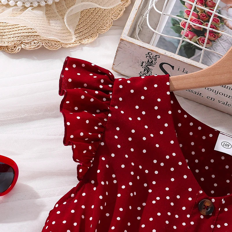 Kids Summer Girl 4-12 Years Old Red Sleeveless Flying Sleeve Polka Dot V-neck Waist Dress Simple Temperament Fashion Daily Style