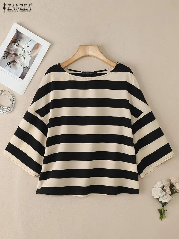 ZANZEA Oversize Contrast-Color Striped Blouses Women Casual Boatneck Drop-Shoulder 3/4 Sleeve Loose Tops Woman Clothes S-3XL