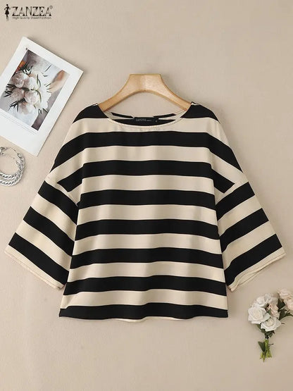 ZANZEA Oversize Contrast-Color Striped Blouses Women Casual Boatneck Drop-Shoulder 3/4 Sleeve Loose Tops Woman Clothes S-3XL