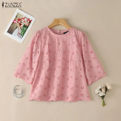 ZANZEA Women's Casual Openwork Blouses O-Neck Half Sleeve Embroidered Floral Patchwork Tops Summer Daily Wear Blusas de Mujer