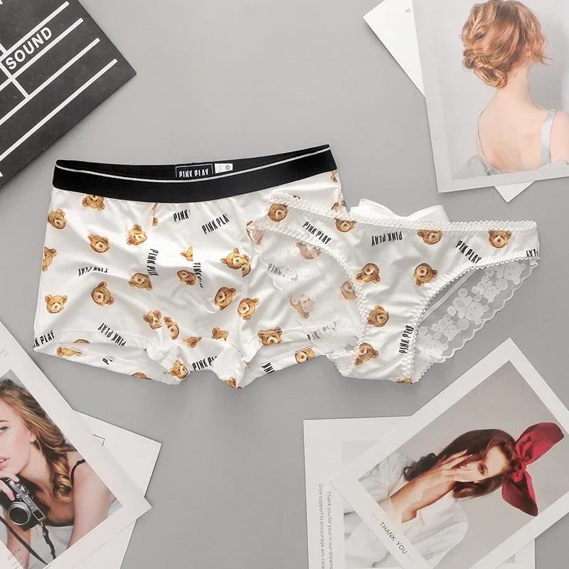 Couple Panties Set Sexy Lace Ice Silk Fabrics Underwear Men's Boxers Cartoon Bear Print Panties set Women's Briefs 1 PCS