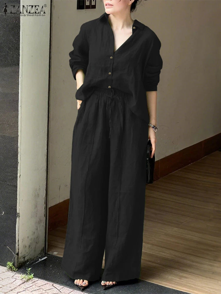 Fashion Autumn 2 Pieces Sets Women Outfits 2025 ZANZEA Casual Long Sleeve Shirt Trousers Suit Elegant Solid OL Work Tracksuits