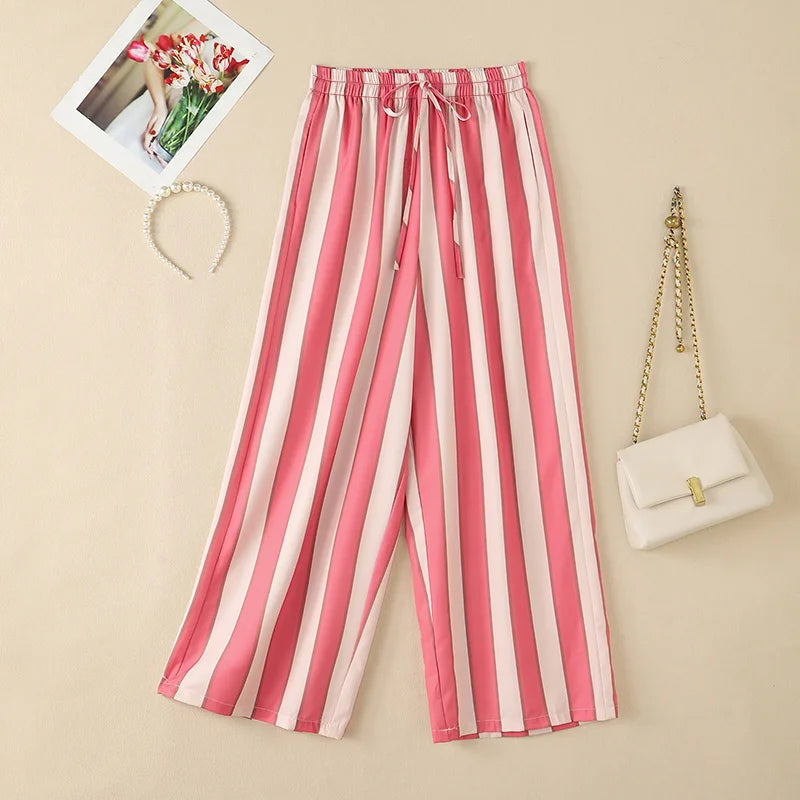 ZANZEA Women Casual Trousers Summer Bohemian Holiday Pants Elastic Waist Baggy Pantalon Vintage Lace -Up Striped Beach Palazzo