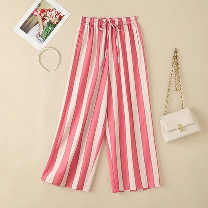 ZANZEA Women Casual Trousers Summer Bohemian Holiday Pants Elastic Waist Baggy Pantalon Vintage Lace -Up Striped Beach Palazzo