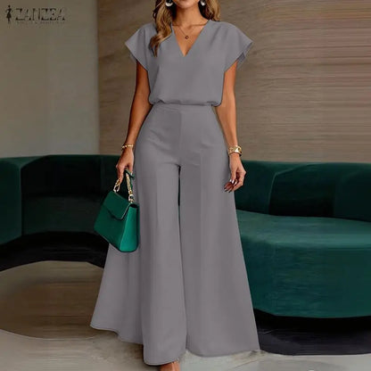 ZANZEA 2PCS Elegant V Neck Short Sleeve Blouse Pant Sets Summer Women Matching Sets Solid Color OL Outfit Wide Leg Trousers Suit