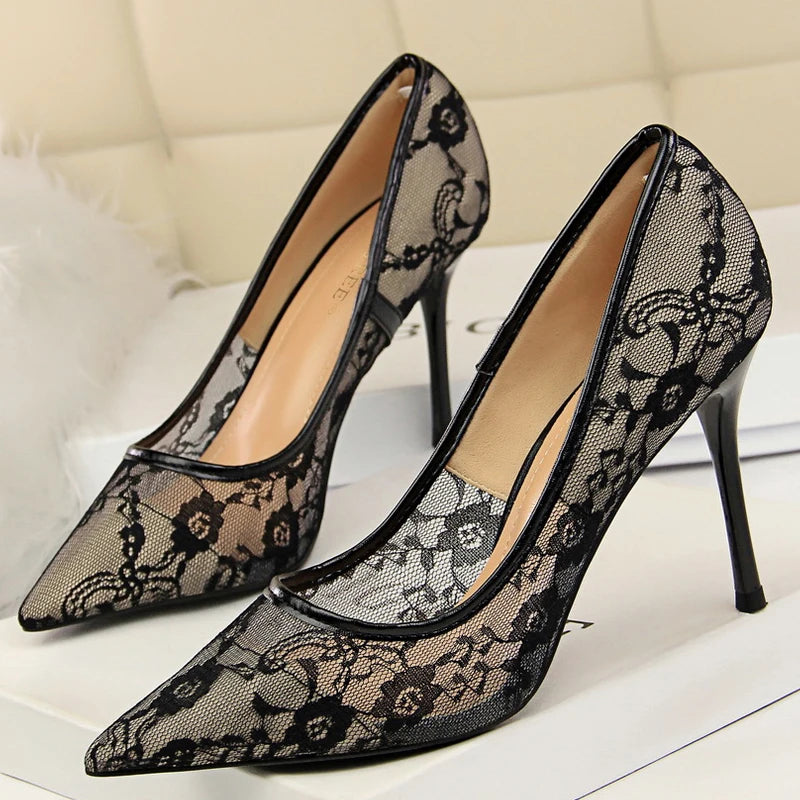 BIGTREE Shoes Mesh Hollow Lace Women Pumps Sexy Party Shoes High Heels Wedding Shoes Lace Stiletto Heels 9 cm Ladies Shoes 2026