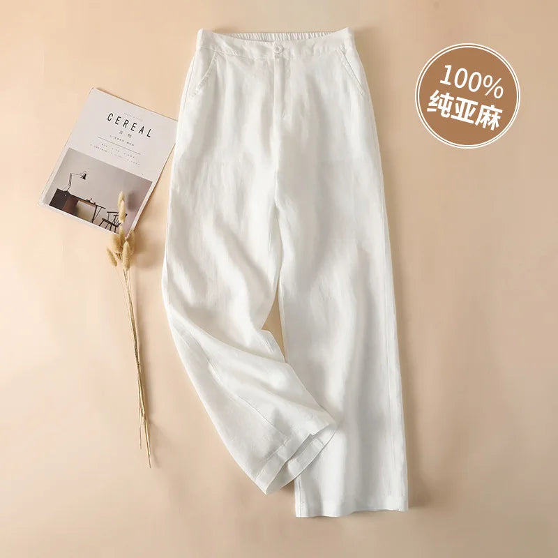 Women's 100% Pure Linen Wide-Leg Pants Loose Drape Ankle Length Summer Thin Straight-Cut Casual Trousers