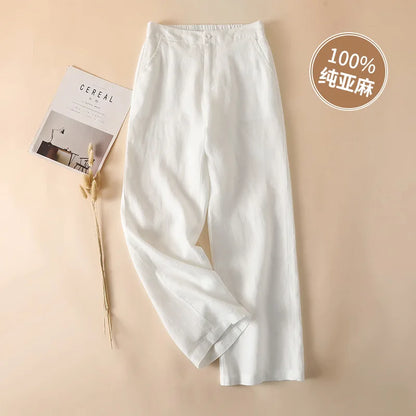 Women's 100% Pure Linen Wide-Leg Pants Loose Drape Ankle Length Summer Thin Straight-Cut Casual Trousers