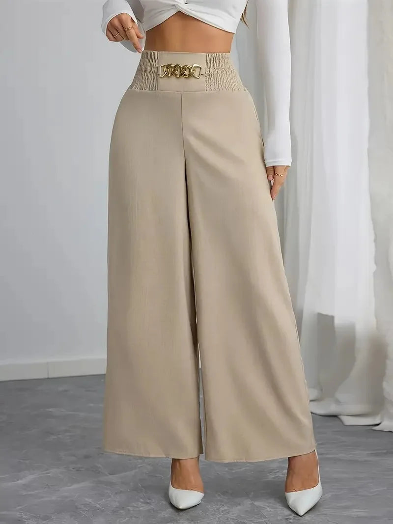 New Women's Trousers Thin High Waist Chain Elastic Waist Khaki Elegant Office Black Casual Wide-leg Pants for Female