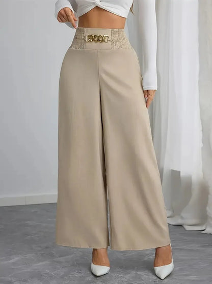 New Women's Trousers Thin High Waist Chain Elastic Waist Khaki Elegant Office Black Casual Wide-leg Pants for Female