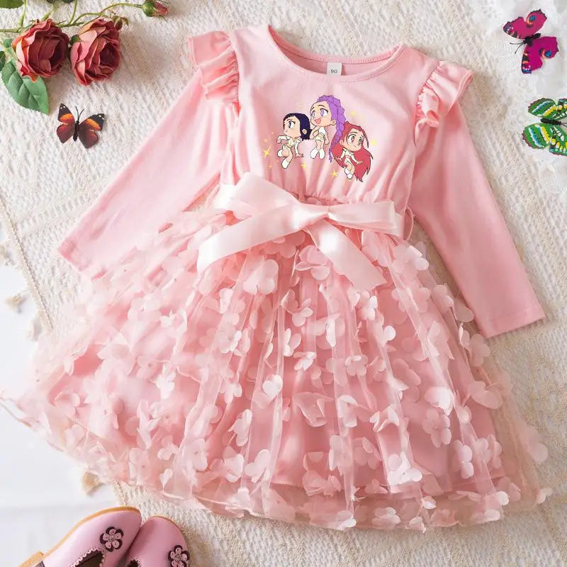 K-Pop Hunters Zoey Mira Rumi Girl Dress 3D Butterfly Casual Dresses Kids Princess Dress Long Sleeve Baby Girls Clothes 2-6Y