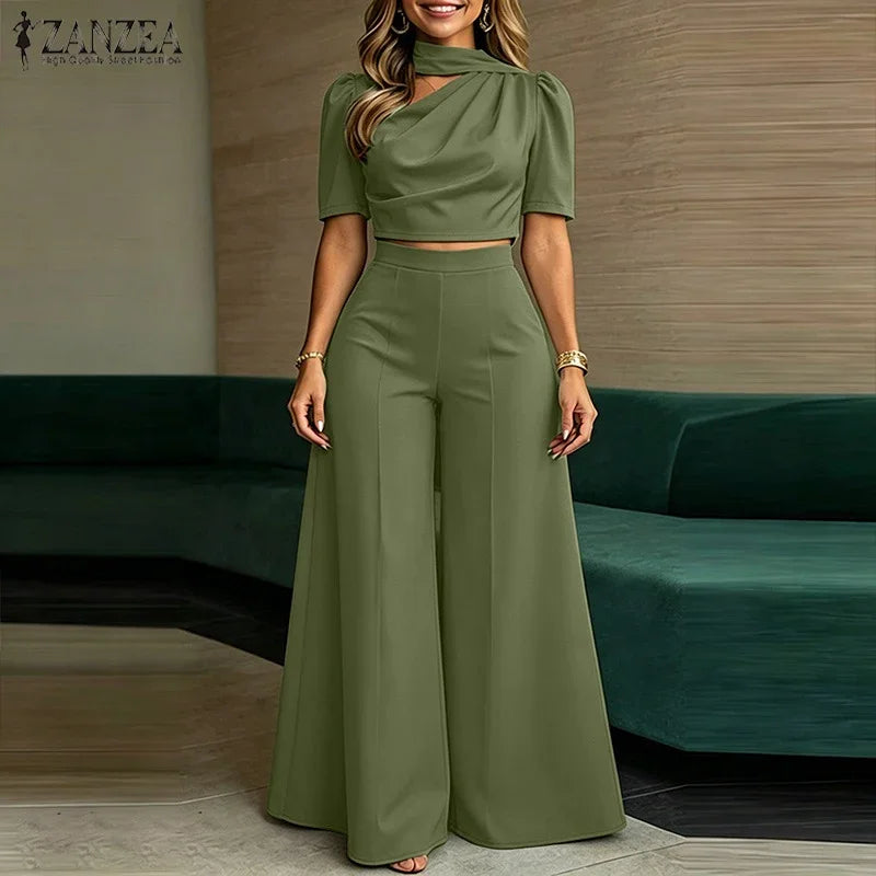 Stylish Summer Outfits ZANZEA Women 2 Pieces Sets Tracksuit Elegant Hollow Out Short Sleeve Blouse Wide Leg Pant Sets Streetwwar