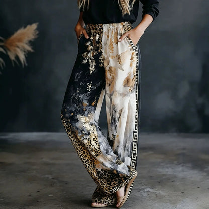 Women Color Block Leopard Print Wide Leg Pants Autum Elastic High Waist Loose Palazzo Trousers Casual Streetwear Holiday Pants