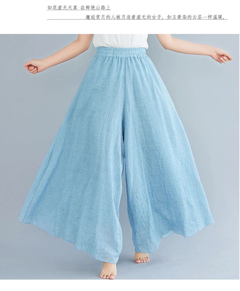 Cotton Linen Wide Leg Pants for Women Summer Casual Loose Pants High Waist Big Swing Skirt Capris Women Clothing PT-565
