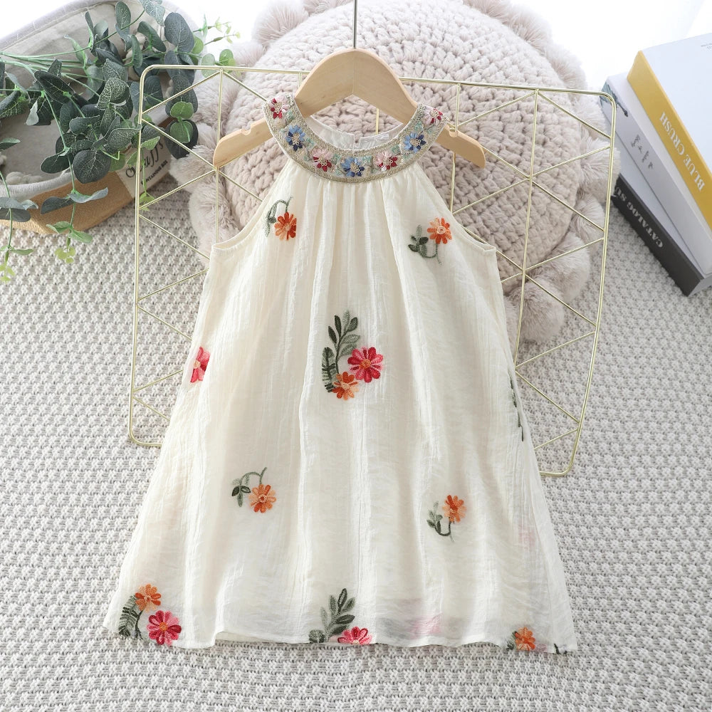 Girls Sweet Dresses Summer Embroidered Sleeveless Hanging Neck Beach Dress Leisure Vacation Dress Kids Clothes