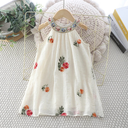 Girls Sweet Dresses Summer Embroidered Sleeveless Hanging Neck Beach Dress Leisure Vacation Dress Kids Clothes