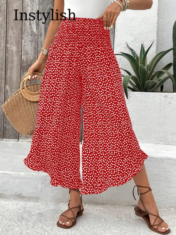 Women's Floral Wide Leg Nine-Point Pants Stretch High Waist Ruffled Slit Hem Casual Summer Beach Flowing Lightweight Pants