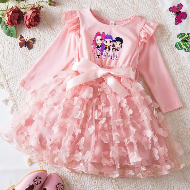 K-Pop Hunters Zoey Mira Rumi Girl Dress 3D Butterfly Casual Dresses Kids Princess Dress Long Sleeve Baby Girls Clothes 2-6Y