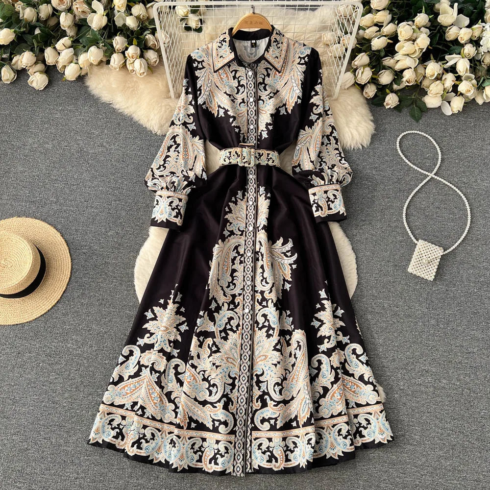 Spring Autumn Women's Dress Vintage Long Sleeve Print Floral High Waist Boho Party Maxi Vestidos Elegant Luxury Long Dresses