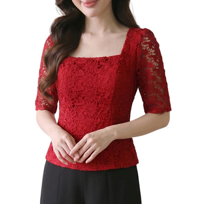 ZANZEA Women Classy Elegant Lace Patchwork Blouses Square Neck Half Sleeve Side Zipper Fitted Short Tops Summer Blusas de Mujer