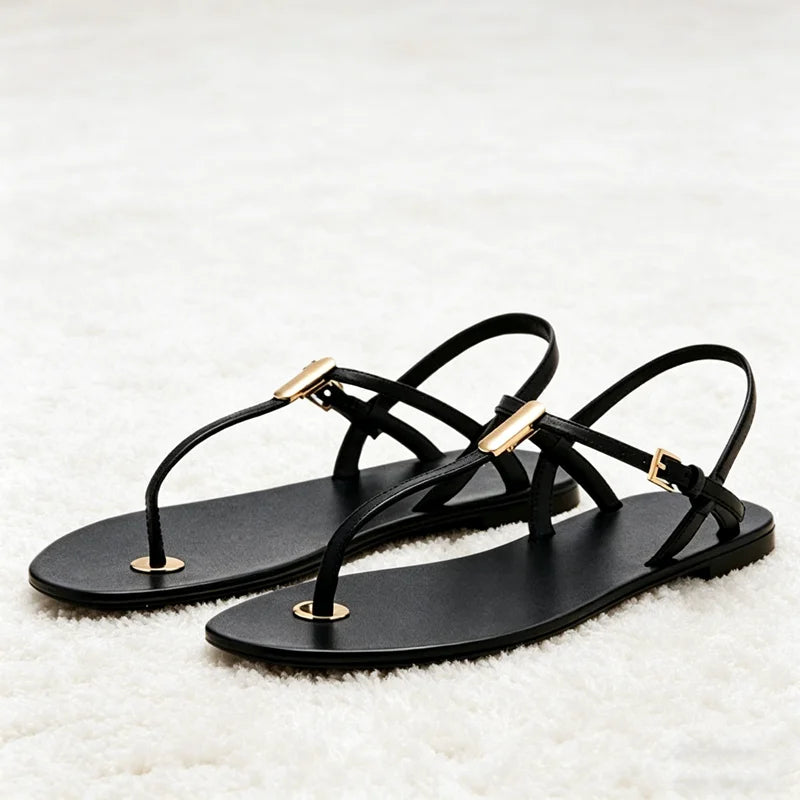 Concise Clip Toe Flat Sandals Women Fashion Ankle Strap Buckle Gladiator Sandals for Girl Luxury Metal Detail Summer Beach Shoes