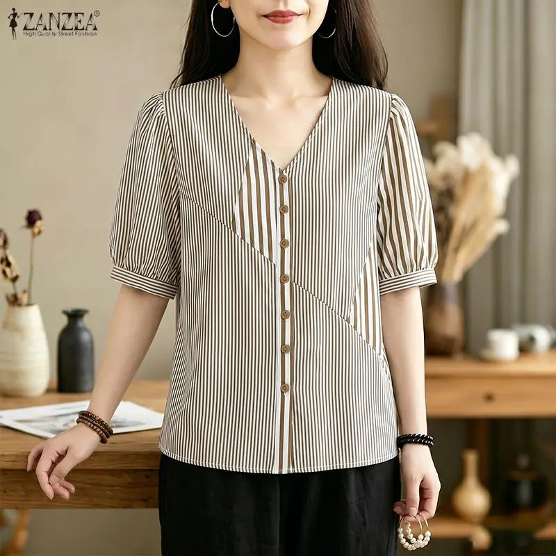 ZANZEA 2026 Woman Striped Patchwork Button Up Shirts V-Neck Half Puff Sleeve Blouses Summer Daily Casual Commute Camisas Mujer