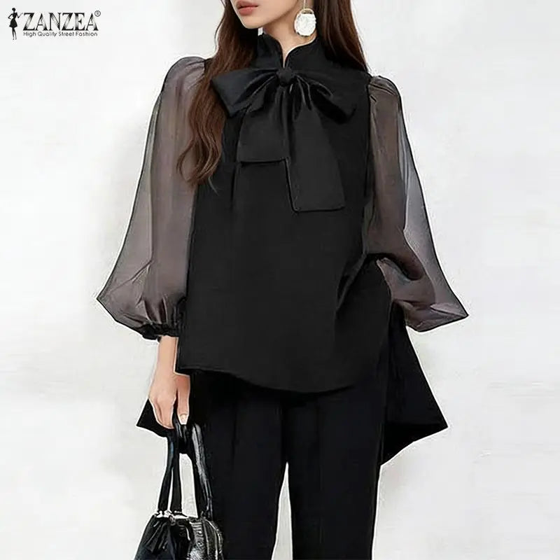 ZANZEA Women High-Low Blouses Summer Elegant Stand Collar Mesh Lantern Sleeves Solid Color Tops Day to Night Blusas de Mujer