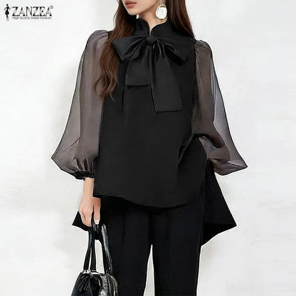 ZANZEA Women High-Low Blouses Summer Elegant Stand Collar Mesh Lantern Sleeves Solid Color Tops Day to Night Blusas de Mujer