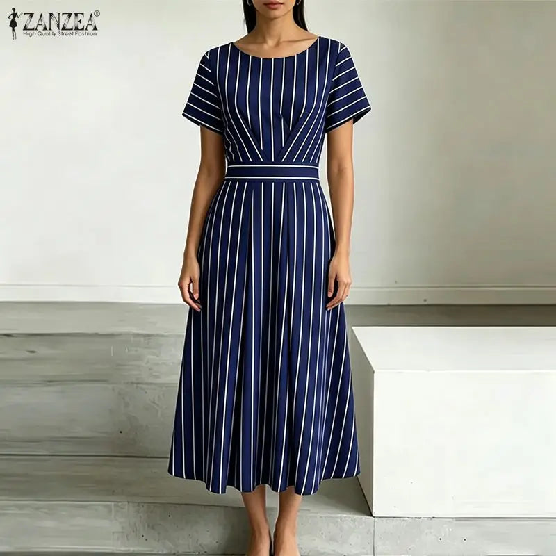 ZANZEA Fashion Women Short Sleeve Striped Sundress Summer OL Work Dress Elegant A Line Waisted Midi Robe Casual Holiday Dresses