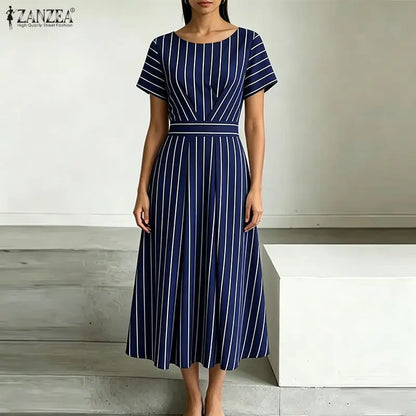 ZANZEA Fashion Women Short Sleeve Striped Sundress Summer OL Work Dress Elegant A Line Waisted Midi Robe Casual Holiday Dresses